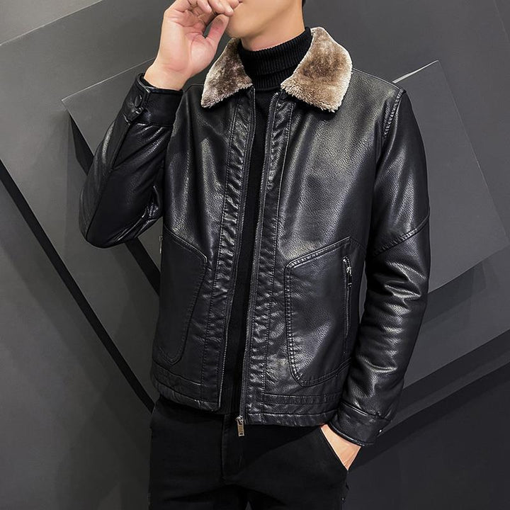 Men's Elegant Faux Leather Bomber Jacket with Warm Teddy Collar & Two-Way Zipper Mune Fashion