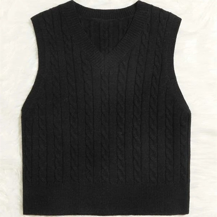 Ladies' Knit Vest with V-Neck and Cable Pattern Mune
