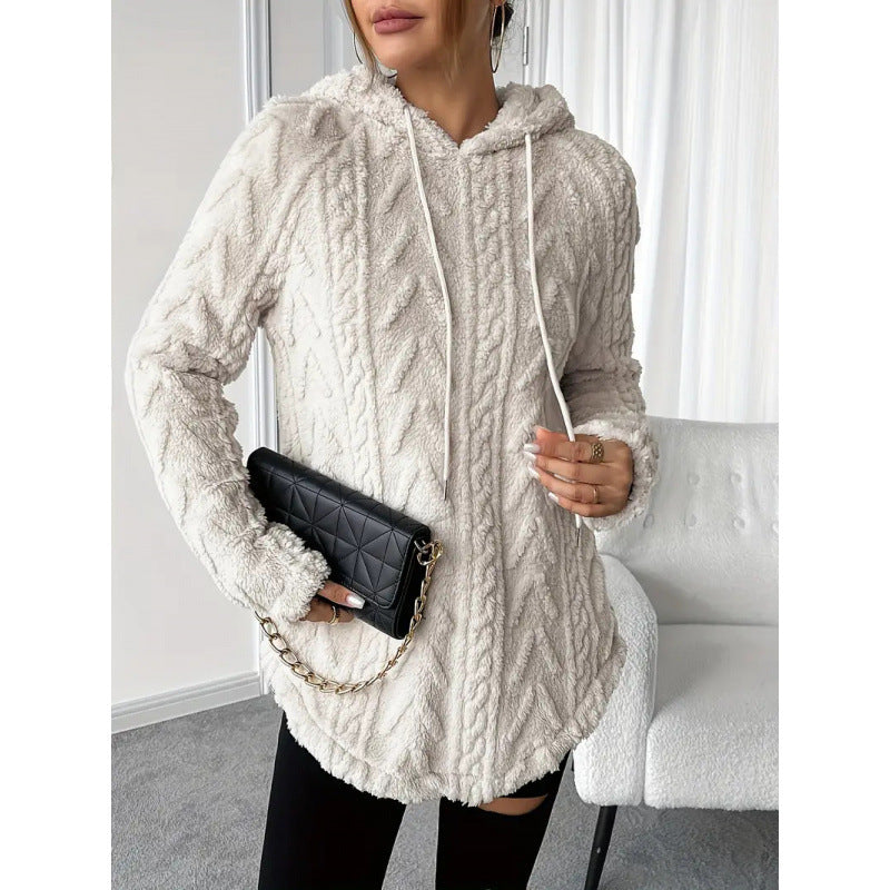 Women Cozy Teddy Hoodie with Cable Knit Pattern Drawstring and Rounded Hem Mune Fashion
