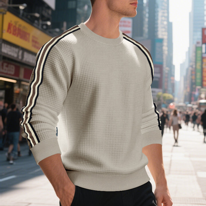 Men's waffle knit sweater with contrasting sleeve stripes and round neckline Mune Fashion