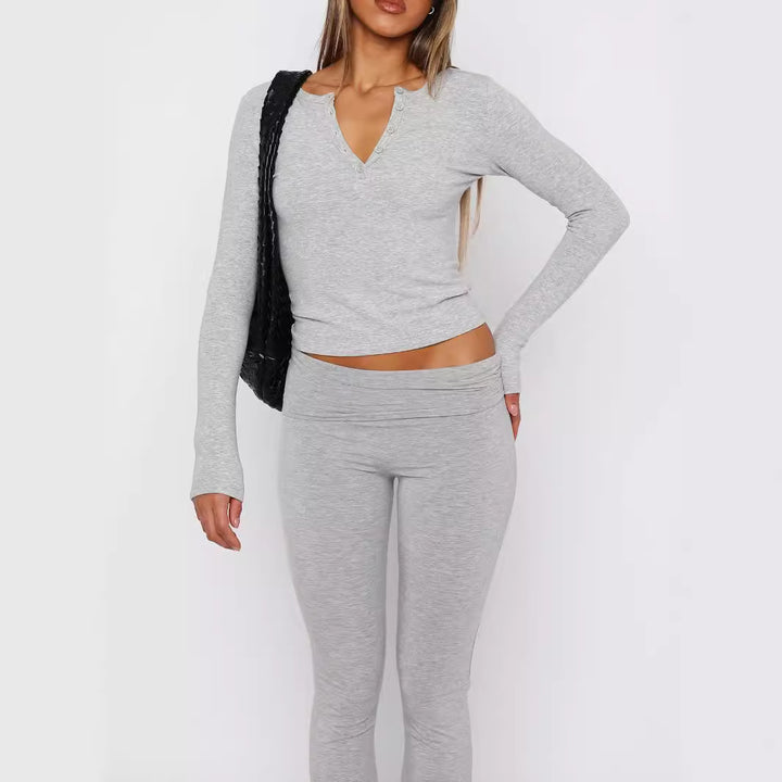 Women Ribbed Long Sleeve Henley Cropped Shirt Mune Fashion