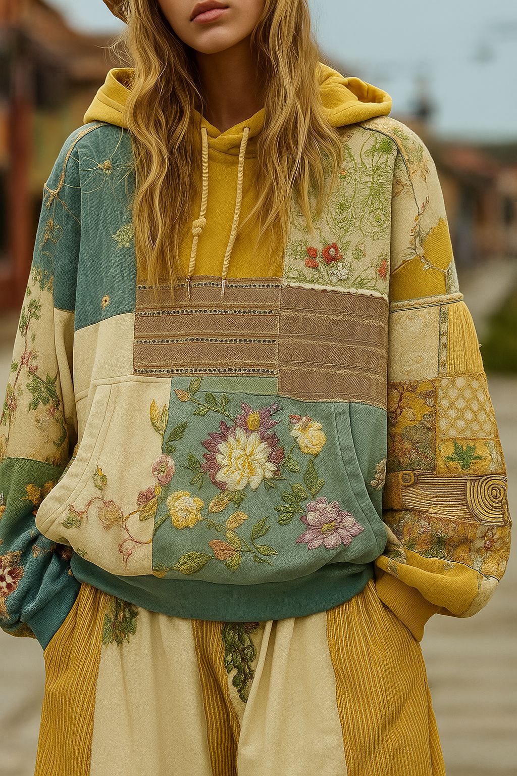 Women's Embroidered Patchwork Hoodie with Flower Applique and Kangaroo Pocket Mune Fashion