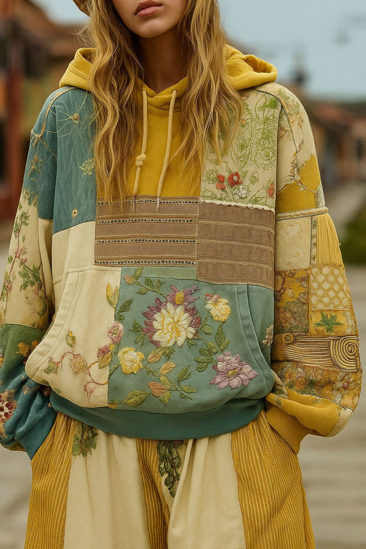 Women's Embroidered Patchwork Hoodie with Flower Applique and Kangaroo Pocket Mune Fashion