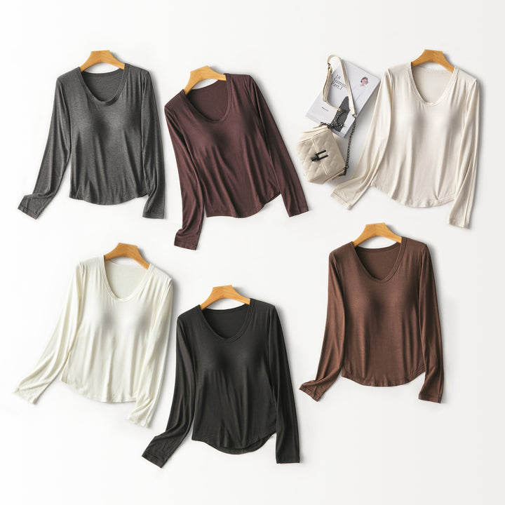 Women Figure-Flattering Long Sleeve Shirt with Deep V-Neck Mune Fashion