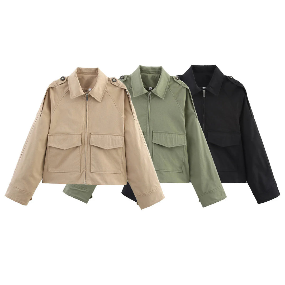 Women's short utility blouson jacket with patch flap pockets and epaulettes Mune Fashion