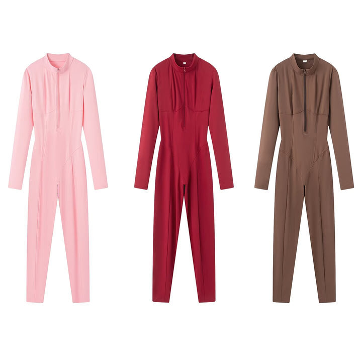 Women's sporty long sleeve unitard with 1/2 zipper and body-hugging fit Mune Fashion