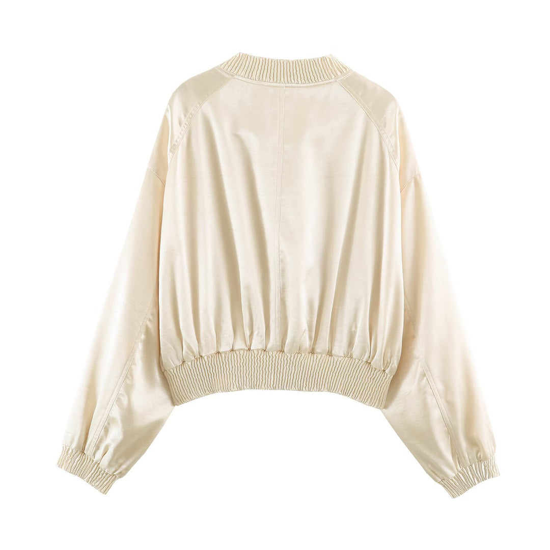Ladies Silky Cropped Bomber with Gathered Hem, Raglan Sleeves and Insert Pockets Mune Fashion