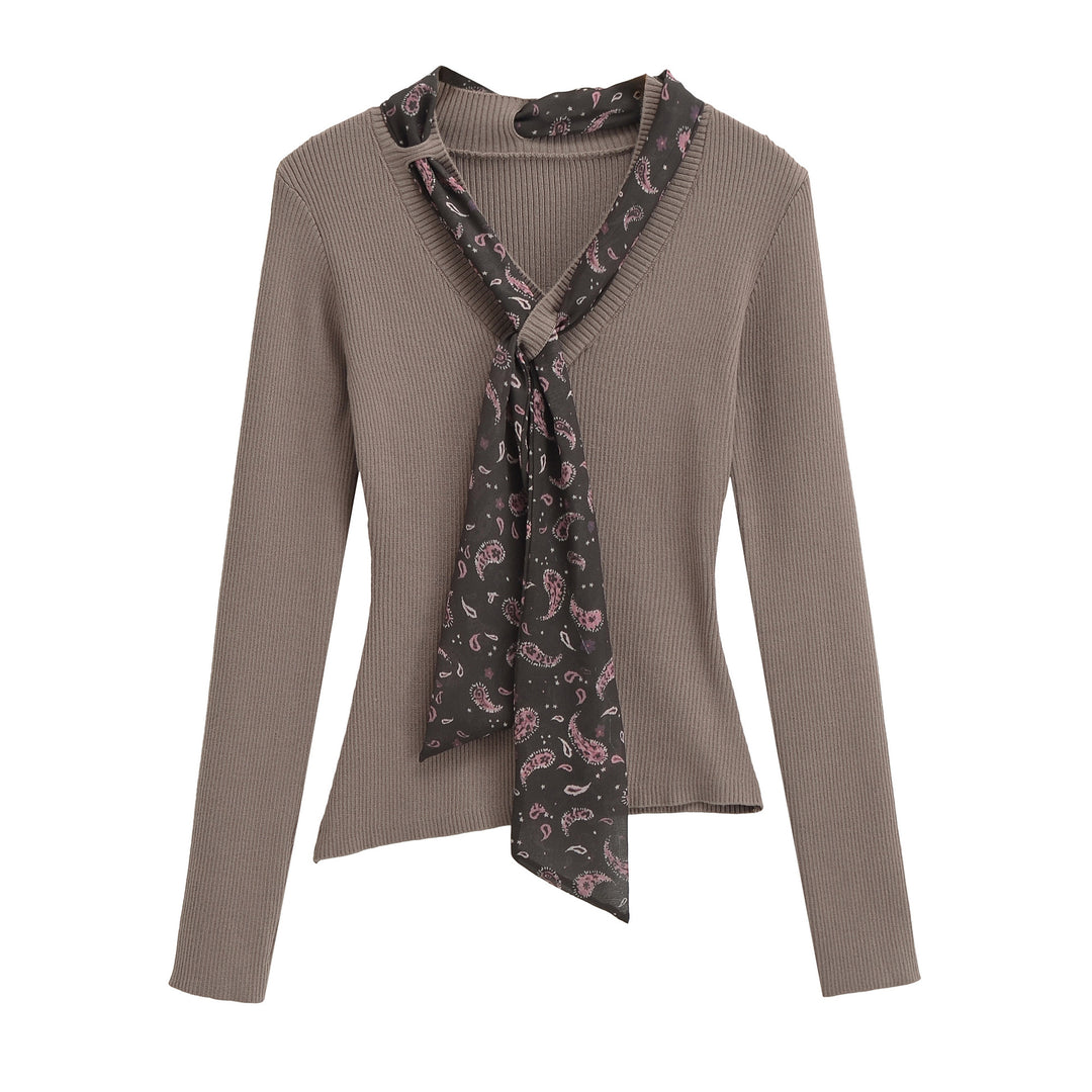 Women's fine knit pullover with threaded paisley scarf Mune Fashion