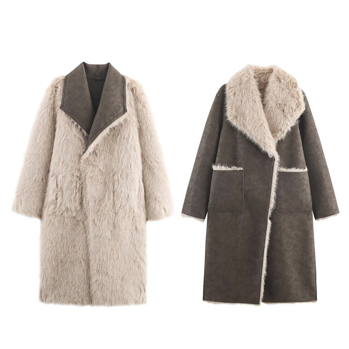 Women Longer Reversible Faux Fur Coat with Oversized Shawl Collar and Patch Pockets Mune Fashion