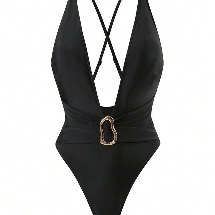 Women's One-Piece Swimsuit with Deep V-Neck and Elegant Gold Detail