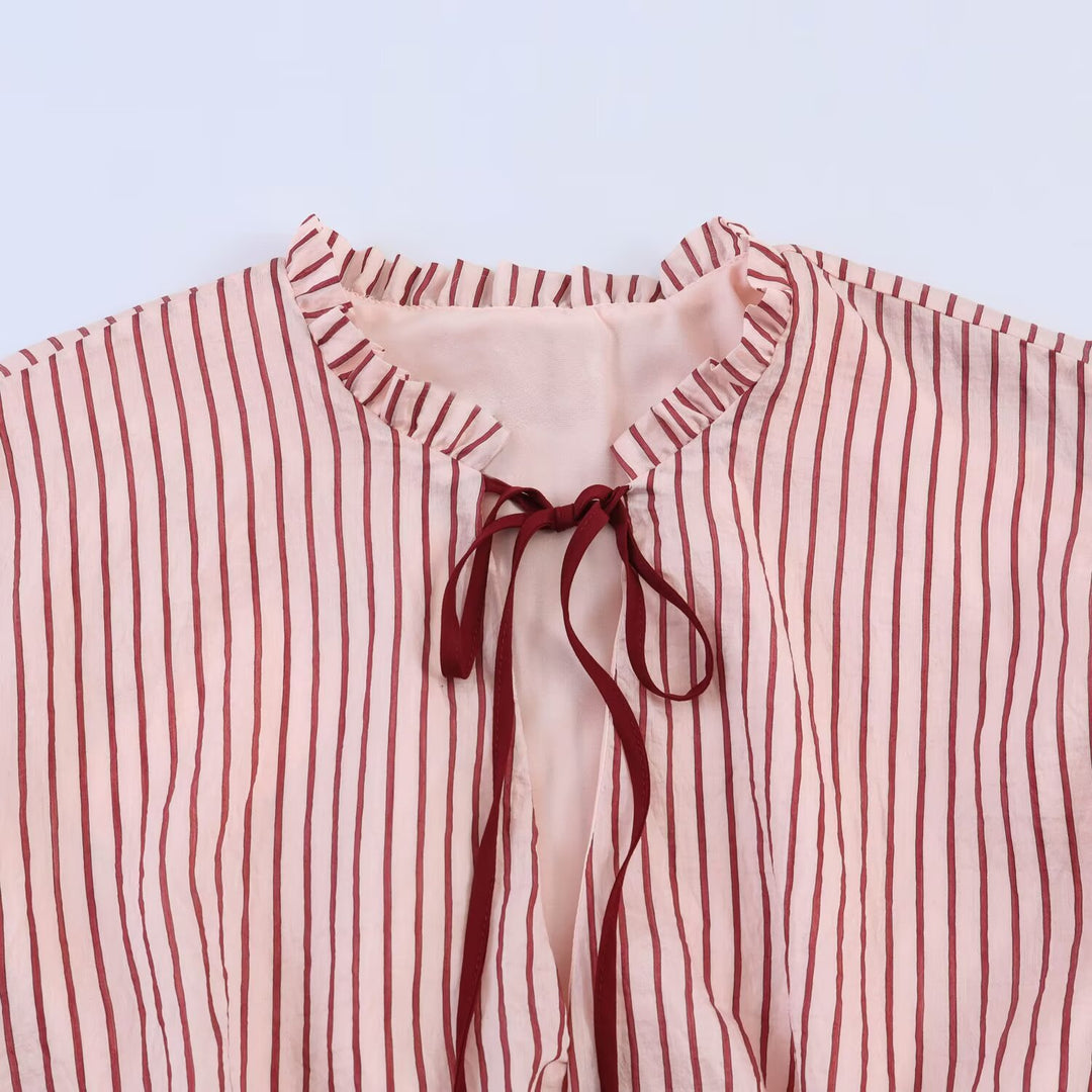 Women's Striped Oversize Blouse with Tassel Band and Volume Sleeves Mune Fashion