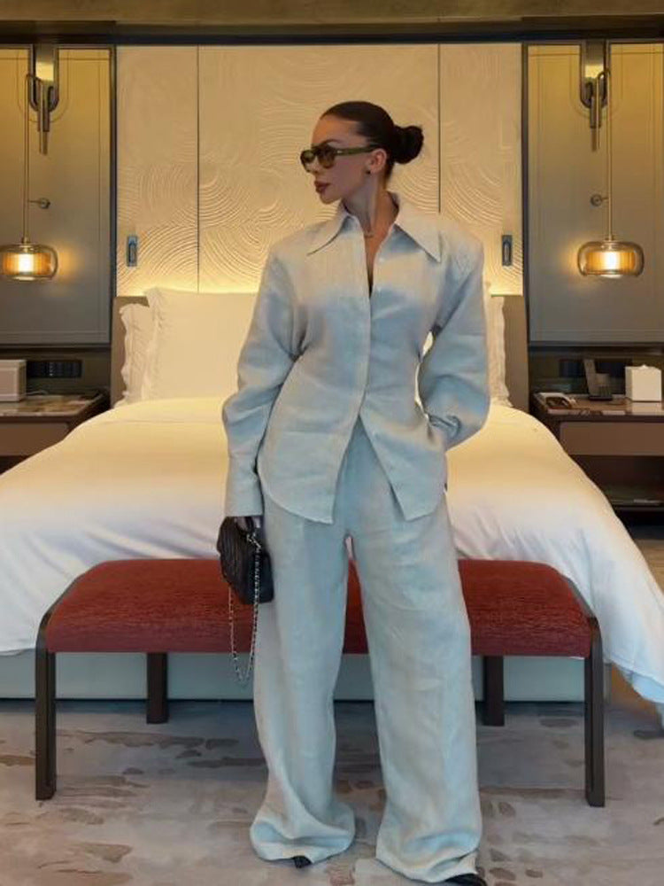 Women's Loose Linen Two-Piece with Boxy Shirt Blazer and Wide Palazzo Pants Mune Fashion