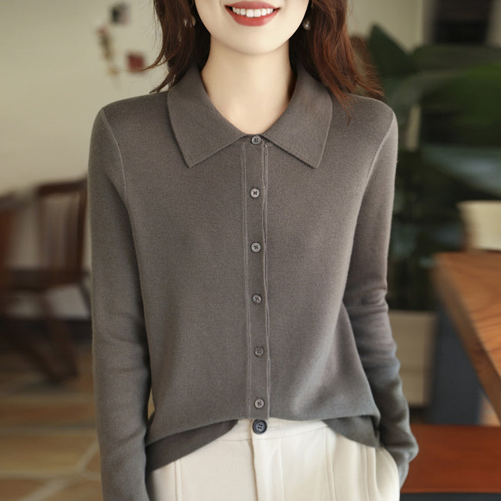 Women Lightweight Fine Knit Cardigan with Polo Collar and Continuous Button Placket Mune Fashion