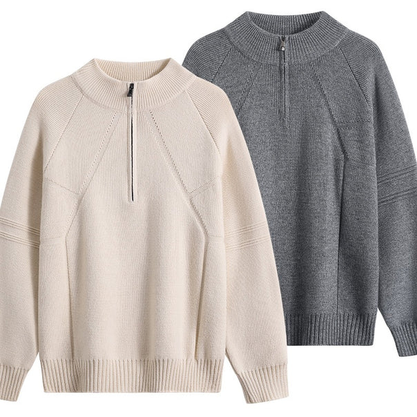 Unisex Oversize Knit Sweater with Half-Zip and Ribbed Stand Collar Mune Fashion