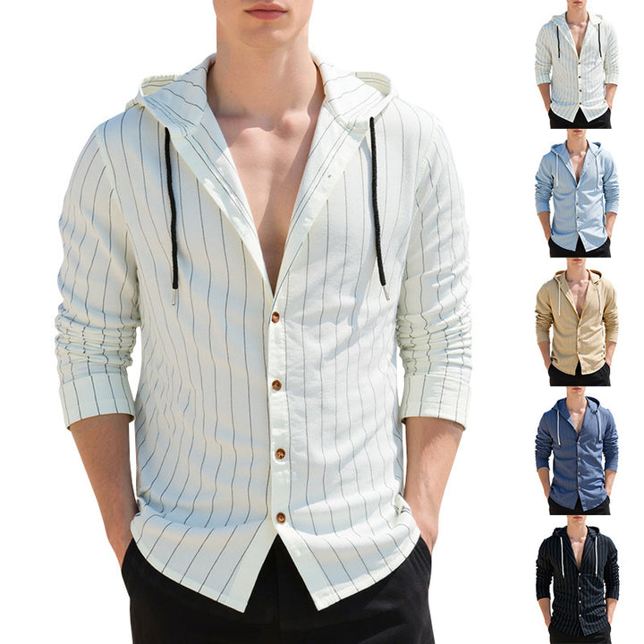 Men's modern hooded shirt with slim fit, continuous button placket, and fine pinstripe structure Mune Fashion