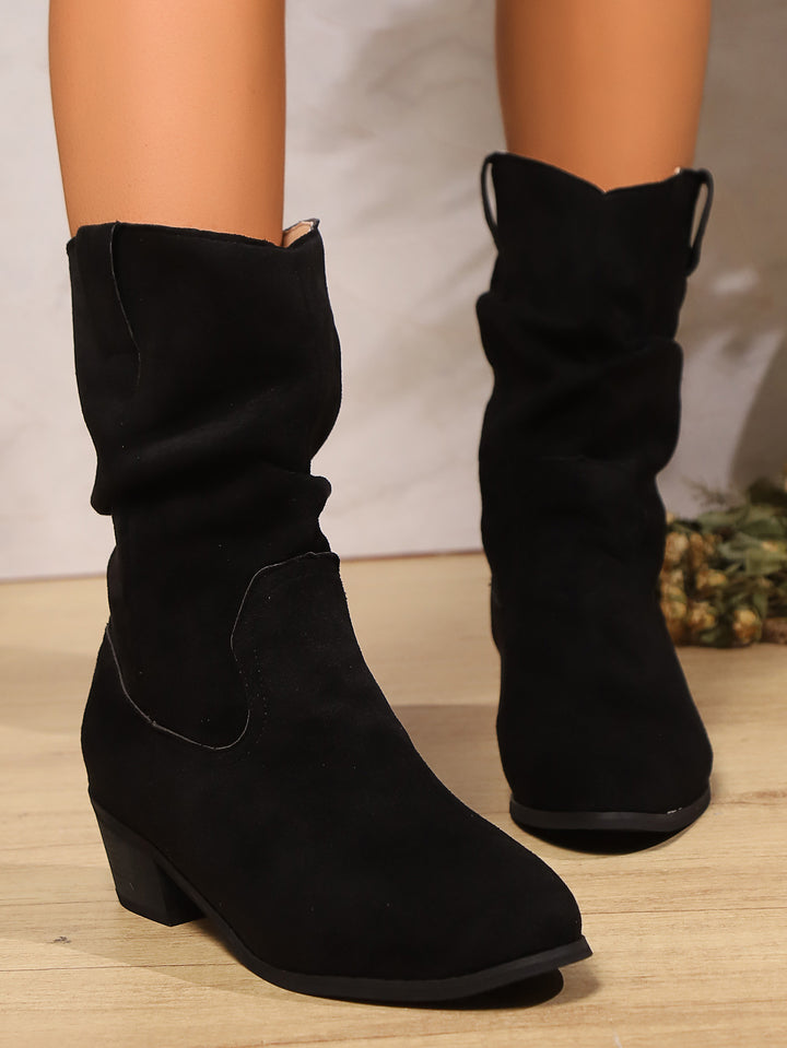 Ladies Velvet Leather Slouch Cowboy Boots with Low Block Heel Mune Fashion