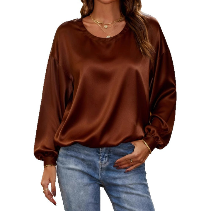 Women's Shiny Satin Blouse with Round Neckline and Balloon Sleeves Mune Fashion