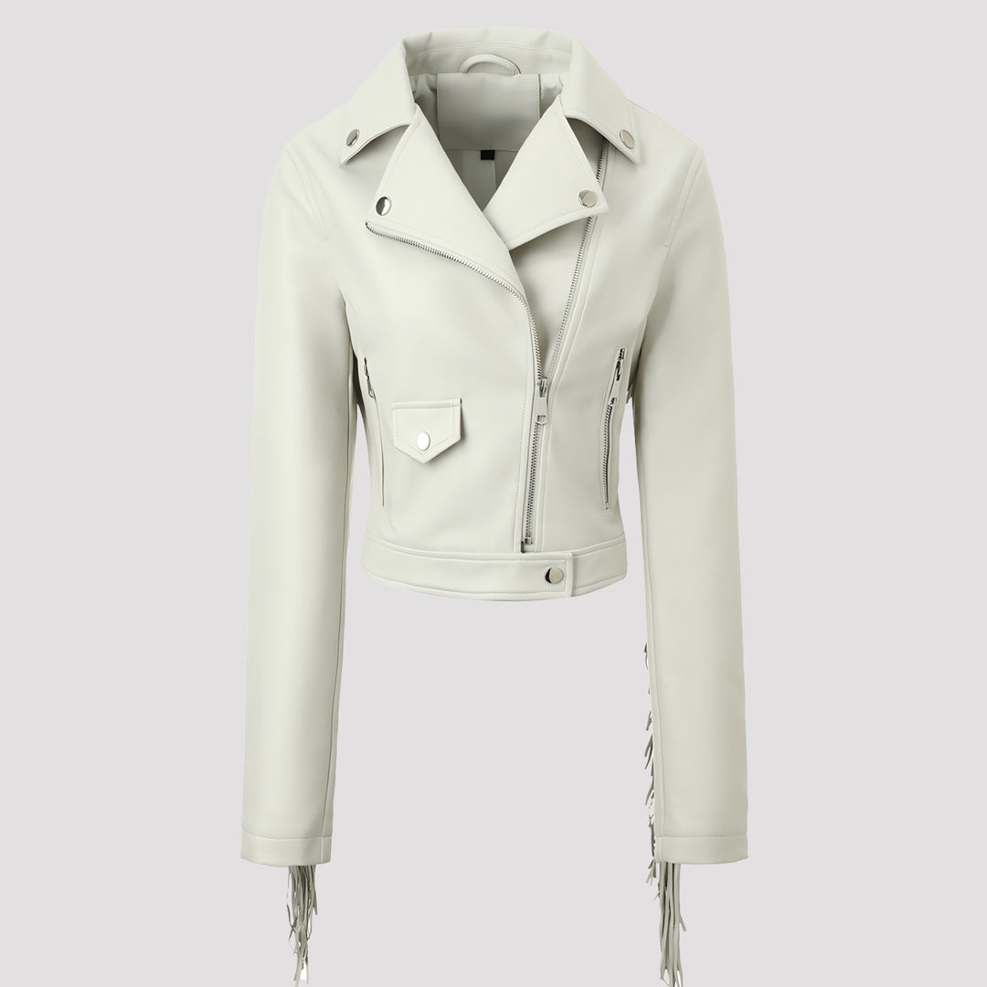 Women short cut fitted biker jacket made of artificial leather with fringes on the sleeves and asymmetric zipper Mune Fashion