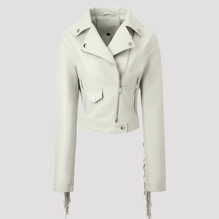 Women's short motorcycle jacket in leather look with fringe sleeves and asymmetrical zipper Mune Fashion
