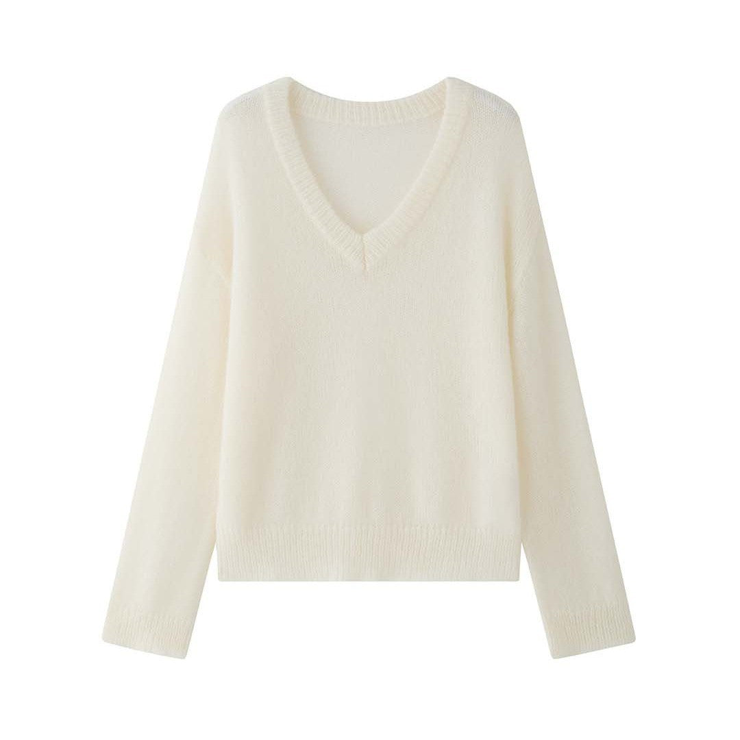 Women Oversize Mohair-Mix V-Neck Pullover with Extra Wide Sleeve Mune Fashion