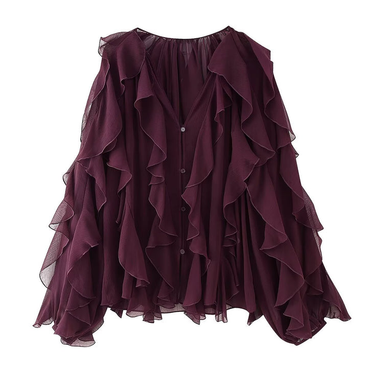 Women's Ruffle Chiffon Blouse with Button Placket, Gathered Neckline and Balloon Sleeves Mune Fashion