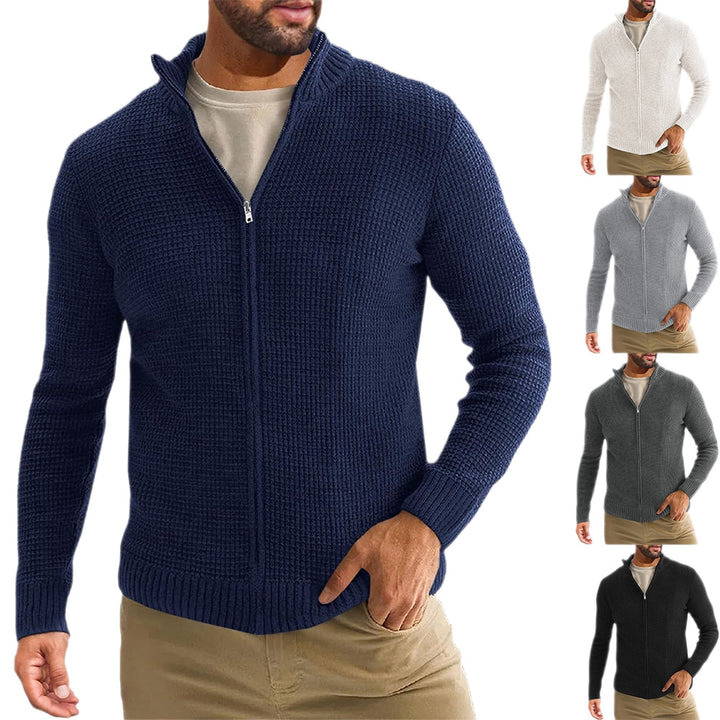 Men's Zip-Up Cardigan with Waffle Texture and Stand-Up Collar Mune Fashion