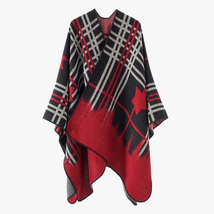 Women's Oversize Cape Poncho made of wool mix with star and check jacquard and softly falling drape