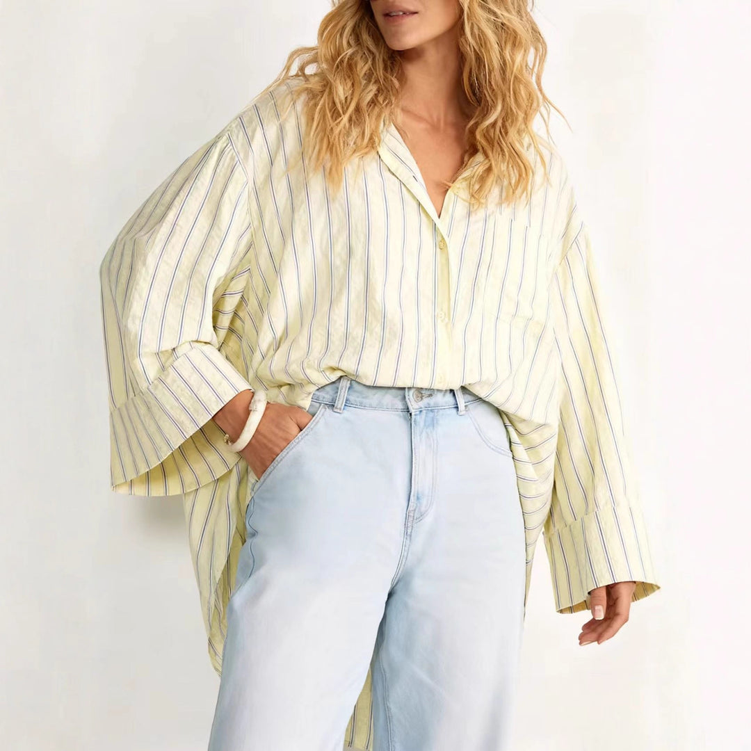 Women oversized shirt blouse with wide bell sleeves and fine striped pattern Drune