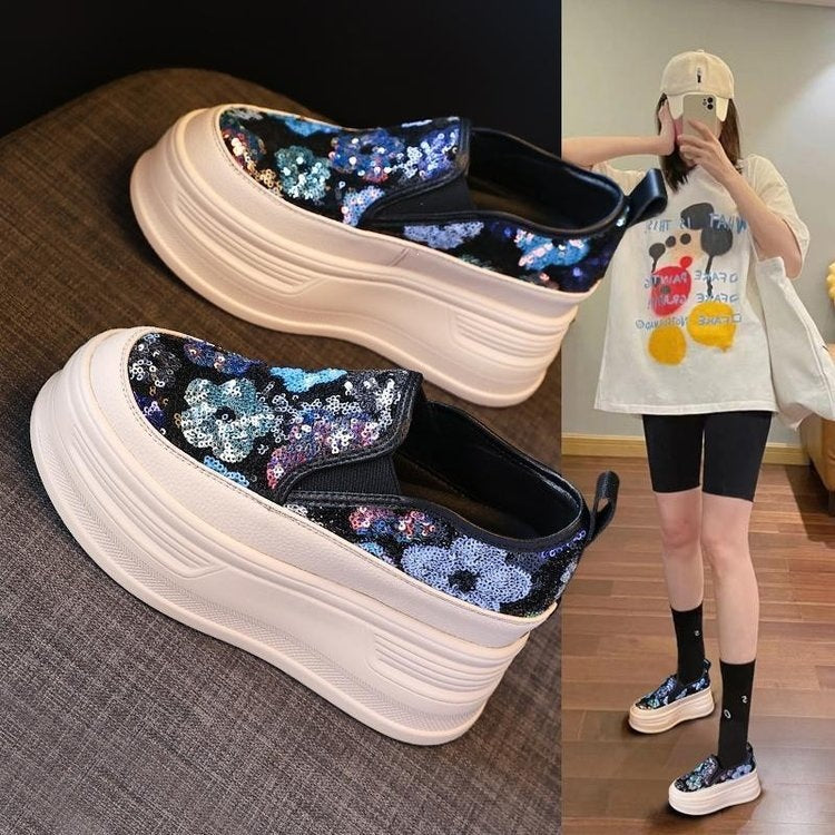 Women's Platform Sneakers with Sparkling Sequins and Elastic Slip-On Mune Fashion