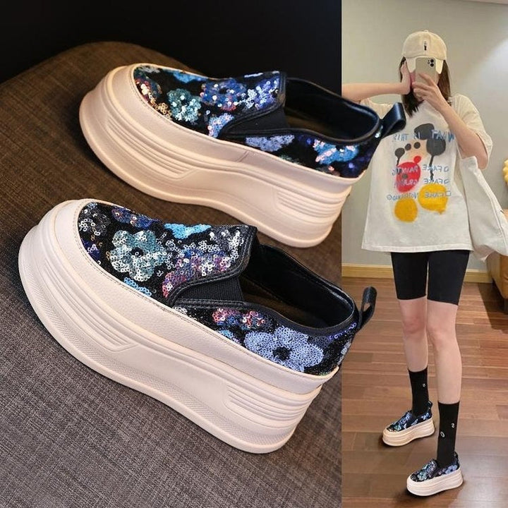 Women's Platform Sneakers with Sparkling Sequins and Elastic Slip-On Mune Fashion