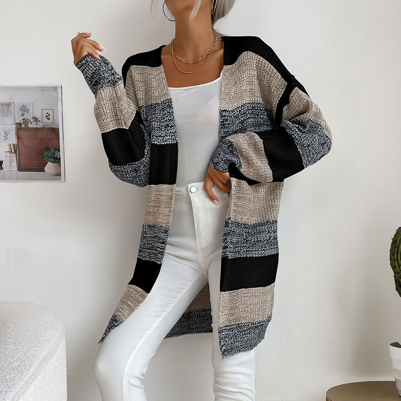 Women's Longline Knit Cardigan with Wide Block Stripes, Open Front and Dropped Shoulders Mune Fashion