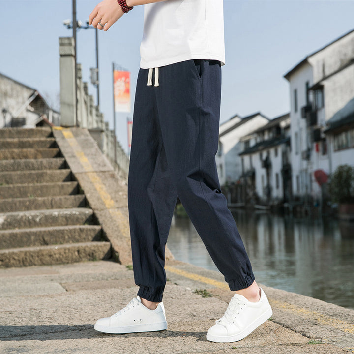 Men's Nan Tapered Linen-Cotton Joggers with Drawstring, Elastic Ankle Cuffs and Slim Silhouette Mune Fashion