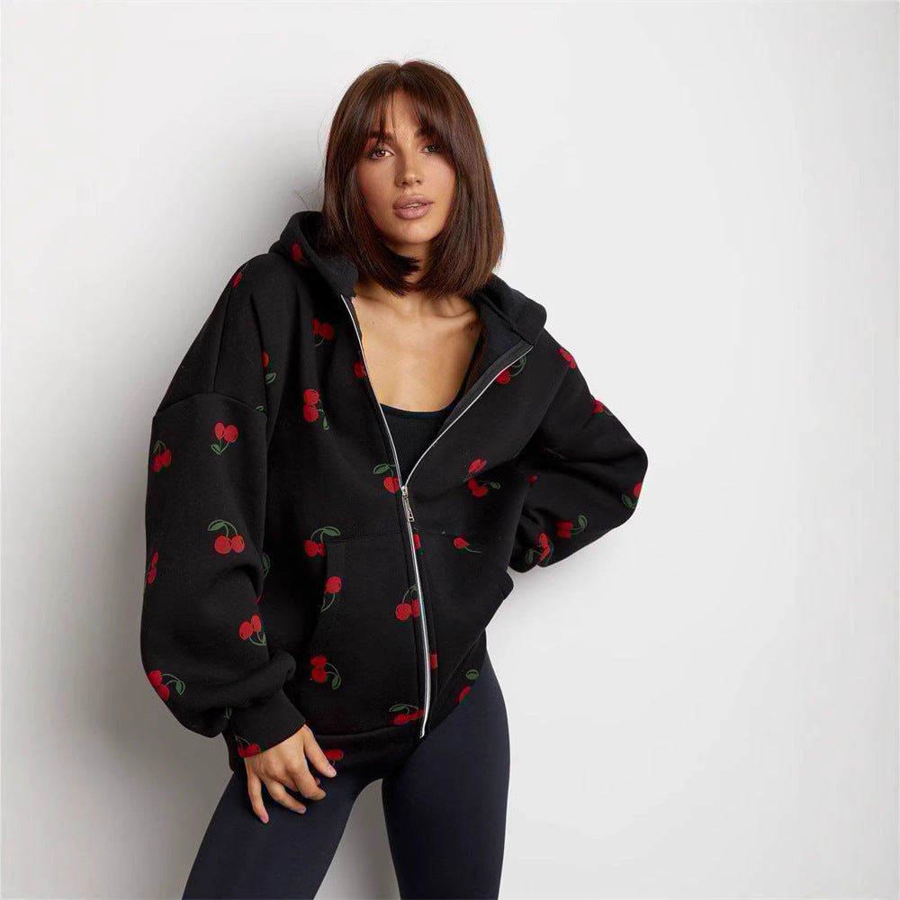 Women's playful hooded zip pullover with cherry print and oversized fit Mune Fashion