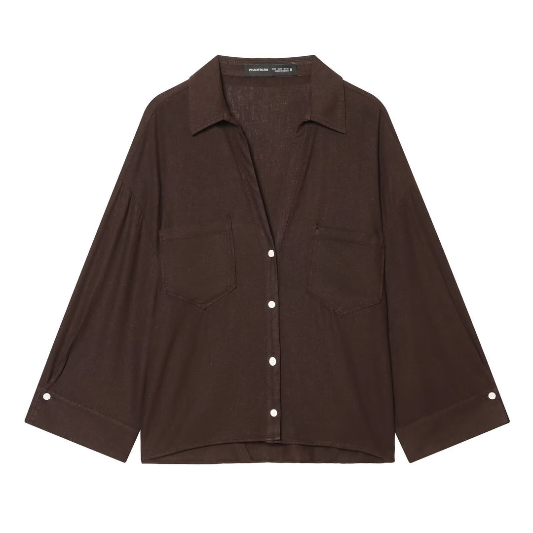 Women's Oversized Shirt Blouse with Chest Pockets, Three-Quarter Sleeves, and Curved Back Hem Mune Fashion