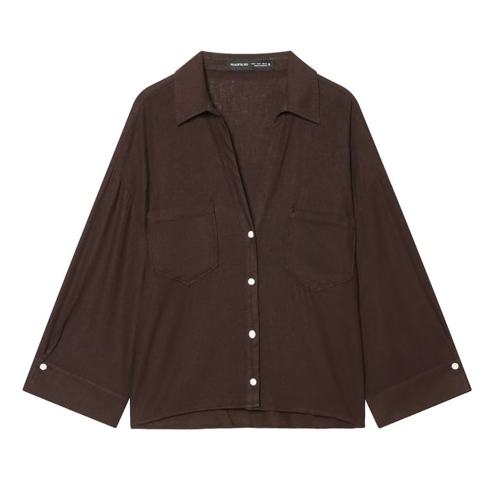Women's Oversized Shirt Blouse with Chest Pockets, Three-Quarter Sleeves, and Curved Back Hem Mune Fashion
