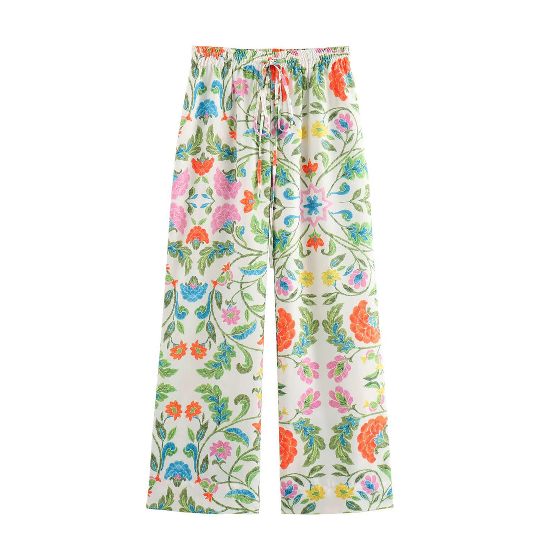 Women's wide palazzo pants with drawstring waistband and floral embroidery look Mune Fashion