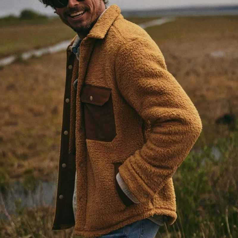 Men's Sherpa Work Jacket with Contrast Material Chest Pockets and Snap Button Closure Mune Fashion