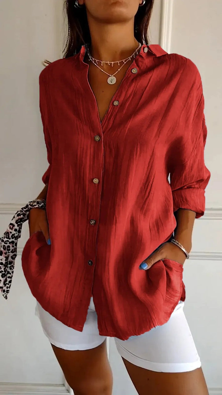 Women's Loose Crinkle Shirt with Pockets and Rolled-Up Sleeves Mune Fashion