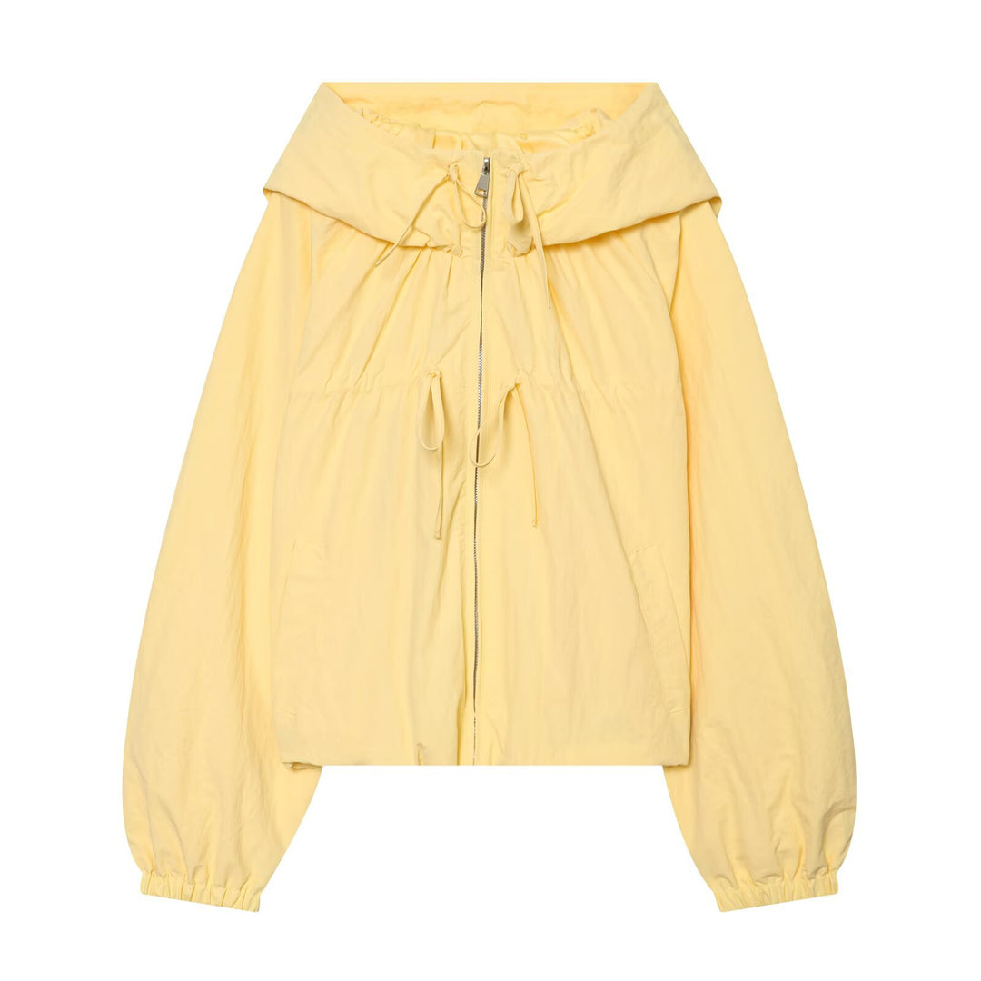 Ladies Short Hooded Windbreaker with Drawstring and Zipper Mune Fashion