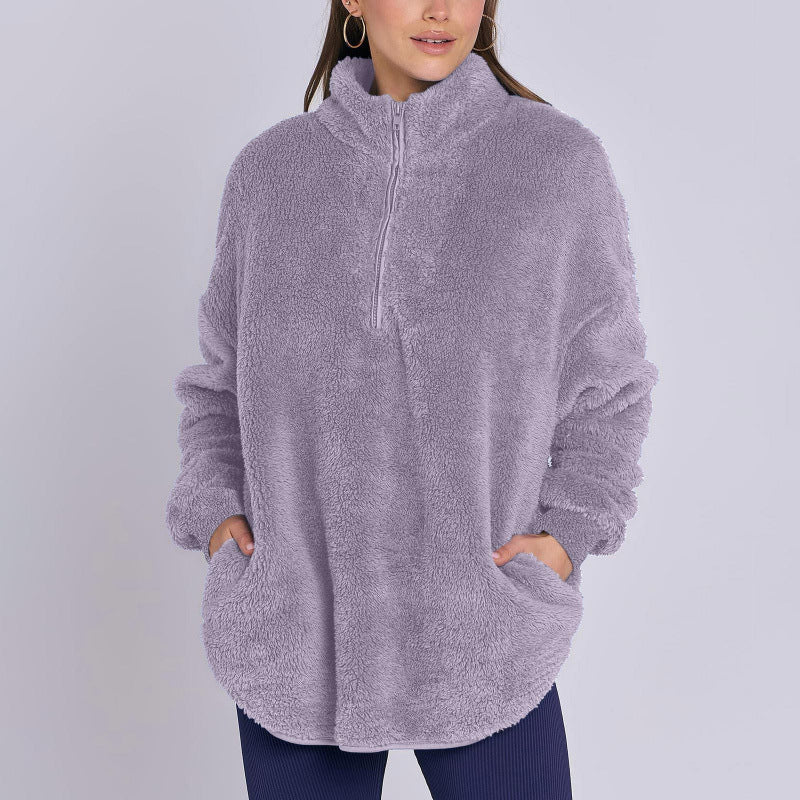 Women Fluffy Oversized Sherpa Pullover with Half Zip and Kangaroo Pockets Mune Fashion