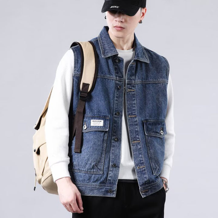 Men's Sleeveless Jeans Work Vest with Flap Pockets and Boxy Fit Mune Fashion