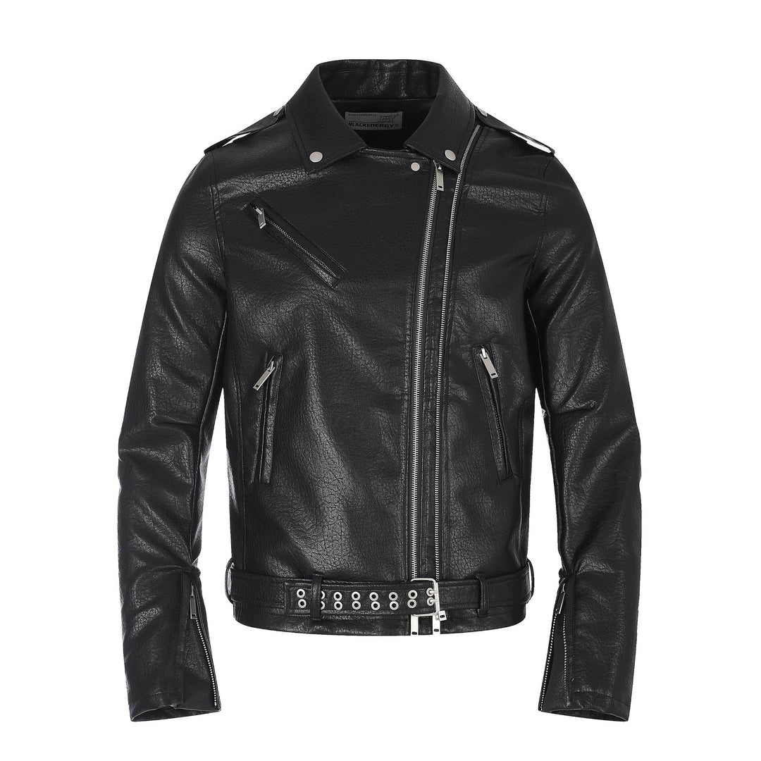 Men's faux leather biker jacket with asymmetrical zipper and eyelet belt Mune Fashion