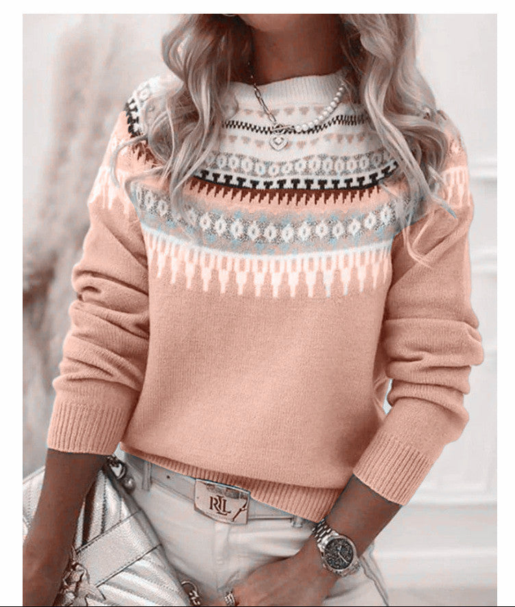 Women's Norwegian sweater made of wool blend with round neck and traditional Fair Isle yoke Mune Fashion