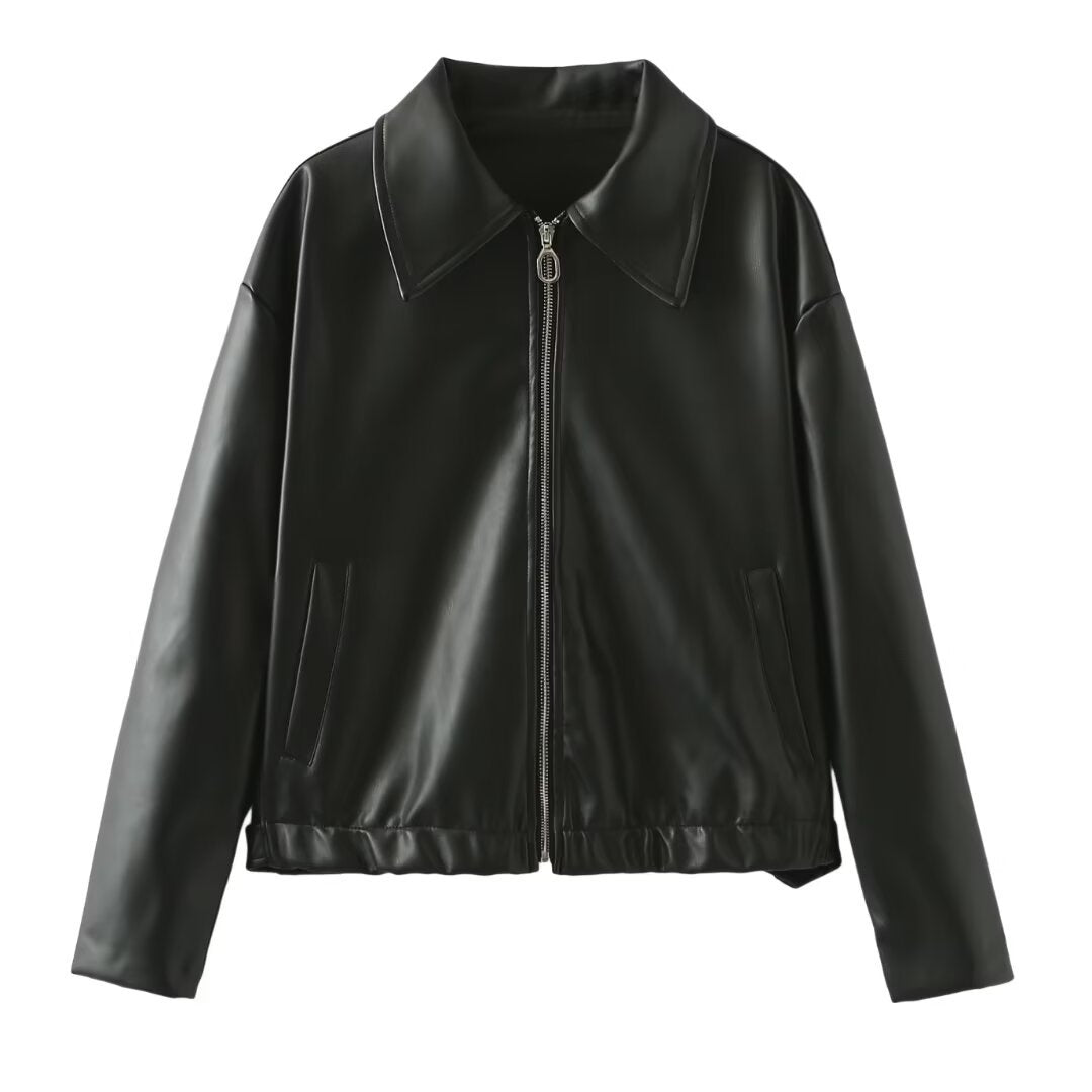 Women Short Oversized Leather Look Jacket with Zipper, Hem Band and Kent Collar Mune Fashion