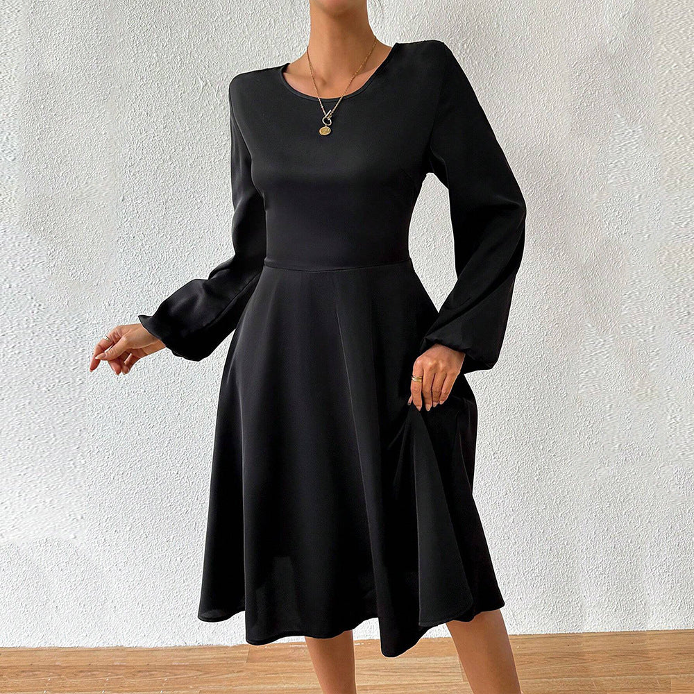 Women's elegant midi dress with tailored corset look, flared A-line skirt, and long flared sleeves Mune Fashion