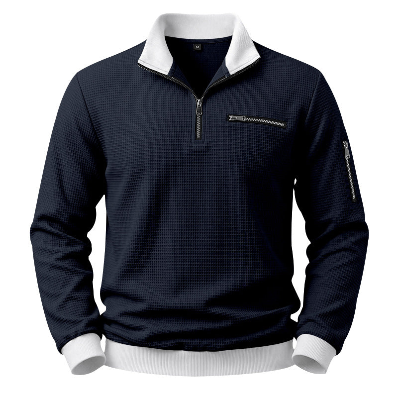 Men's Structured Waffle Sweater with Half-Zip and Zipper Pockets Mune Fashion