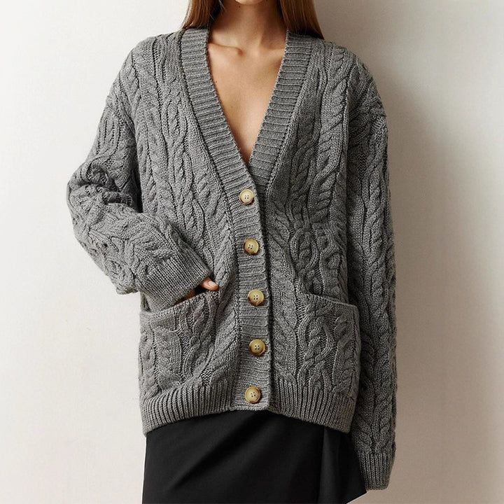 Women Oversize Cable Knit Cardigan with V-Neck and Patch Pockets Mune Fashion