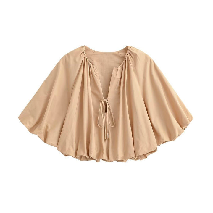 Women's Oversize Cape Blouse with Drawstring, Balloon Sleeves and Gathered Hem Mune Fashion