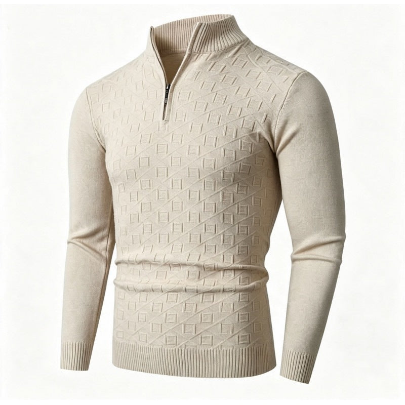 Men's Slim-Fit Fine Knit Half-Zip Sweater with Stand Collar and Geometric Relief Mune Fashion