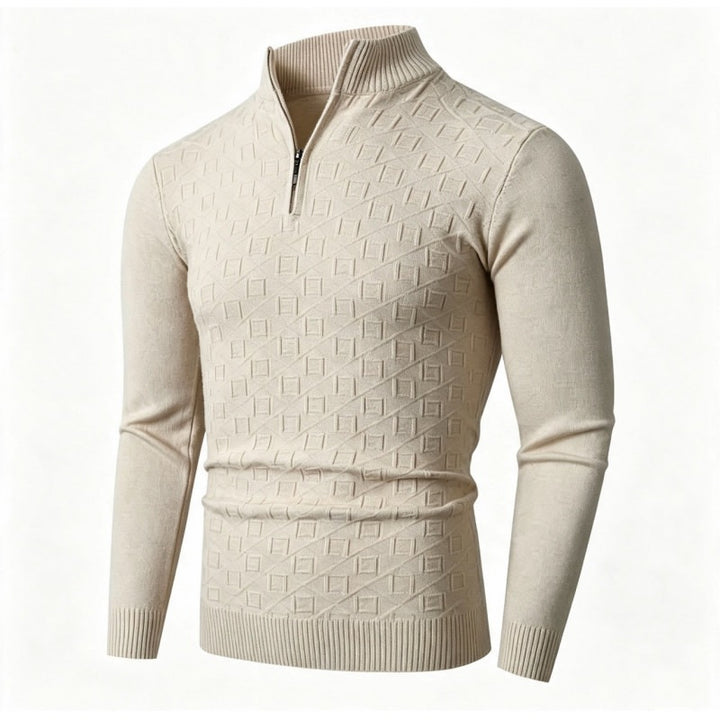 Men's Slim-Fit Fine Knit Half-Zip Sweater with Stand Collar and Geometric Relief Mune Fashion